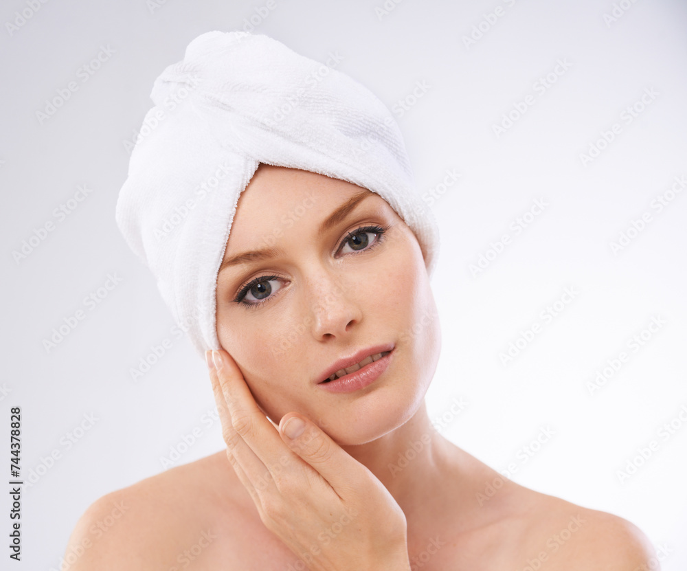 Calm, woman and portrait of skincare with beauty and healthy dermatology in studio background. Girl, relax and model with glow or shine on skin from facial, cosmetics or benefits of self care Calm, woman and portrait of skincare with beauty and healthy dermatology in studio background. Girl, relax and model with glow or shine on skin from facial, cosmetics or benefits of self care