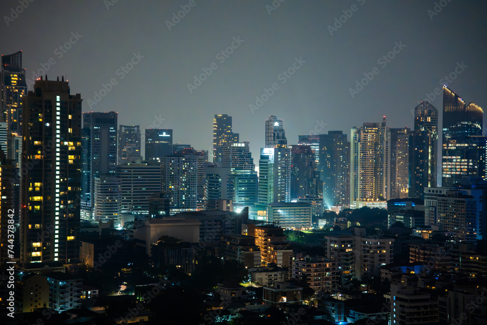 Bangkok skyline view at night from a rooftop restaurant, Bangkok Thailand