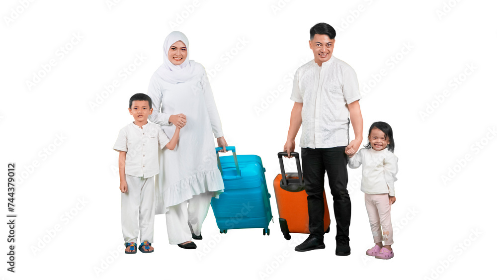 Happy muslim family father mother son daughter with suitcases