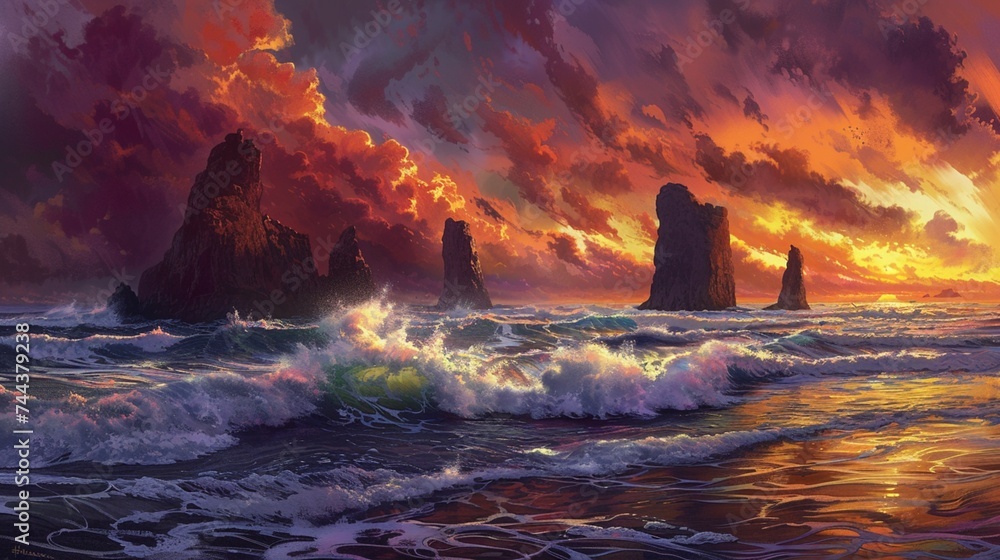 A dramatic seascape with waves crashing against towering sea stacks, under a fiery sunset sky ablaze with color. - obrazy, fototapety, plakaty 