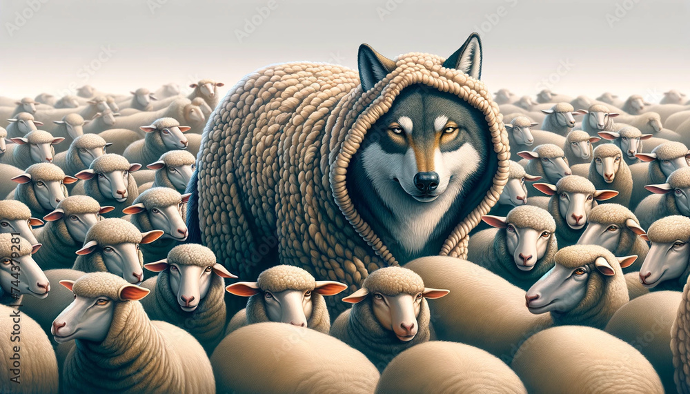 illustration of a wolf pretending to be a sheep. - obrazy, fototapety, plakaty 