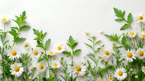 Chamomile Flowers with Green Leaves Isolated on White Background, Fresh Chamomile Blossoms - Generative AI

