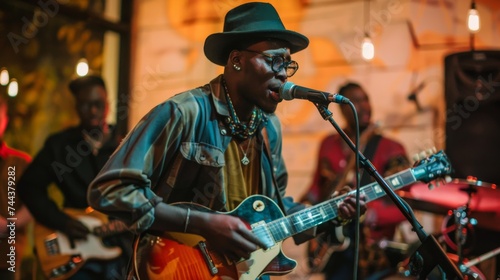 Musician playing guitar and singing into microphone on stage with band