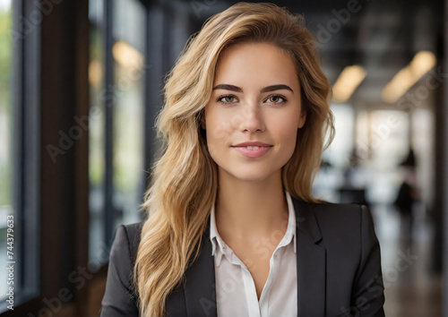 Smiling young businesswoman  portrait shot  businesswoman looking away with pensive face  dreaming  thinking over project tasks  future lifestyle. Generative AI