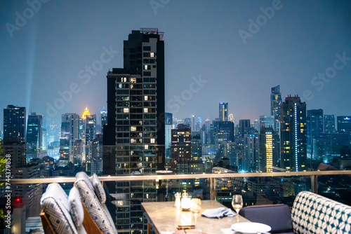 Photography Bangkok skyline view at night from a rooftop restaurant, Bangkok Thailand