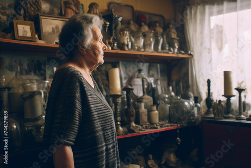aging process and memory trouble of senior woman stand by the sideboard