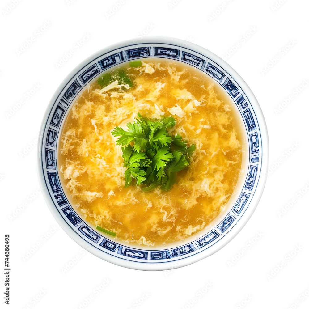 top view of a delicious looking egg drop soup served in a traditional Chinese porcelain bowl food photography style isolated on a white background top view of a delicious looking egg drop soup served in a traditional Chinese porcelain bowl food photography style isolated on a white background