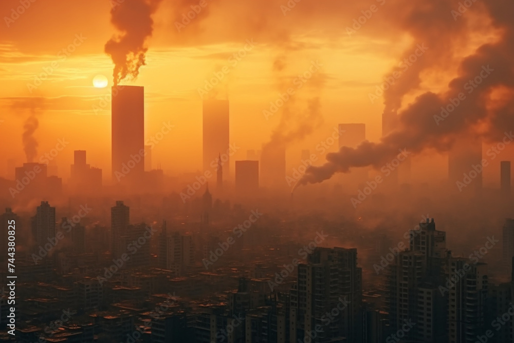 Air Pollution Concept - Modern Rich Tower Buildings and Poor Slums at Sunset