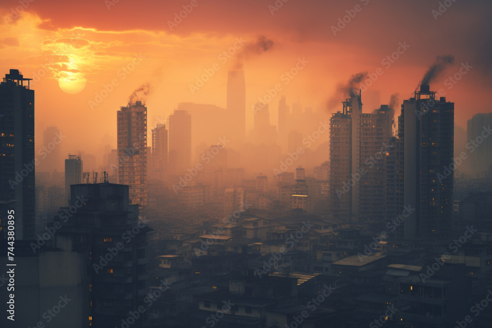 Air Pollution Concept - Modern Rich Tower Buildings and Poor Slums at Sunset