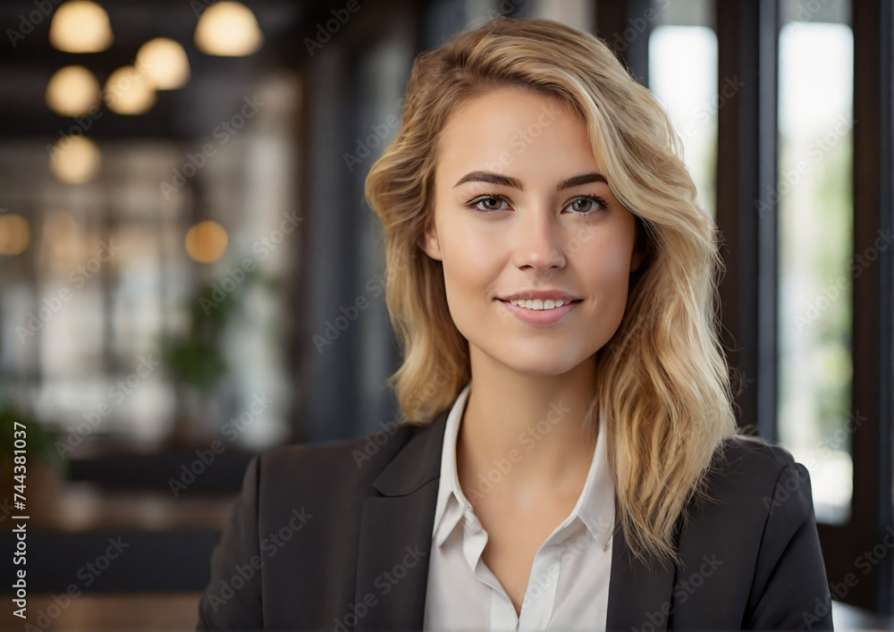 Fototapeta premium Smiling young businesswoman portrait shot, businesswoman looking away with pensive face, dreaming, thinking over project tasks, future lifestyle. Generative AI