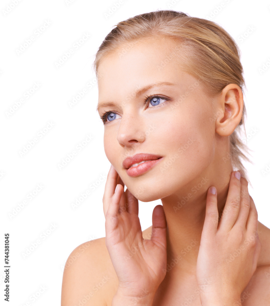 Skincare, wellness and woman in studio with beauty, natural and face routine for health. Mockup, cosmetic and young female person from Australia with facial dermatology treatment by white background. Skincare, wellness and woman in studio with beauty, natural and face routine for health. Mockup, cosmetic and young female person from Australia with facial dermatology treatment by white background.