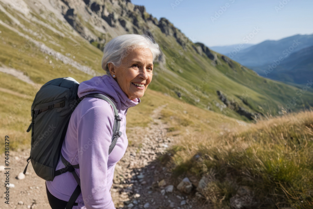 smiling senior woman with backpack hiking in the mountains
