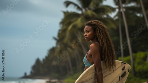 A young confident female surfer holds a surfboard in her hands and goes to the ocean on a beach with palm trees by the sea. Hobbies and Recreation, Summer, Travel, Vacation concepts.