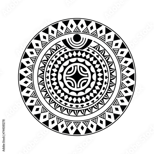 Round tattoo ornament with swastika maori style. African, aztecs or mayan ethnic style. Black and white.