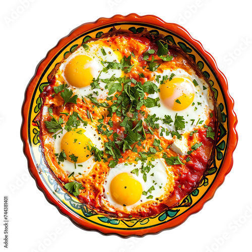 top view of a delicious looking shakshuka kept in a colorful ceramic dish food photography style isolated on a white background photo