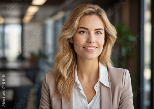 Smiling young businesswoman  portrait shot, businesswoman looking away with pensive face, dreaming, thinking over project tasks, future lifestyle. Generative AI © graphicmount