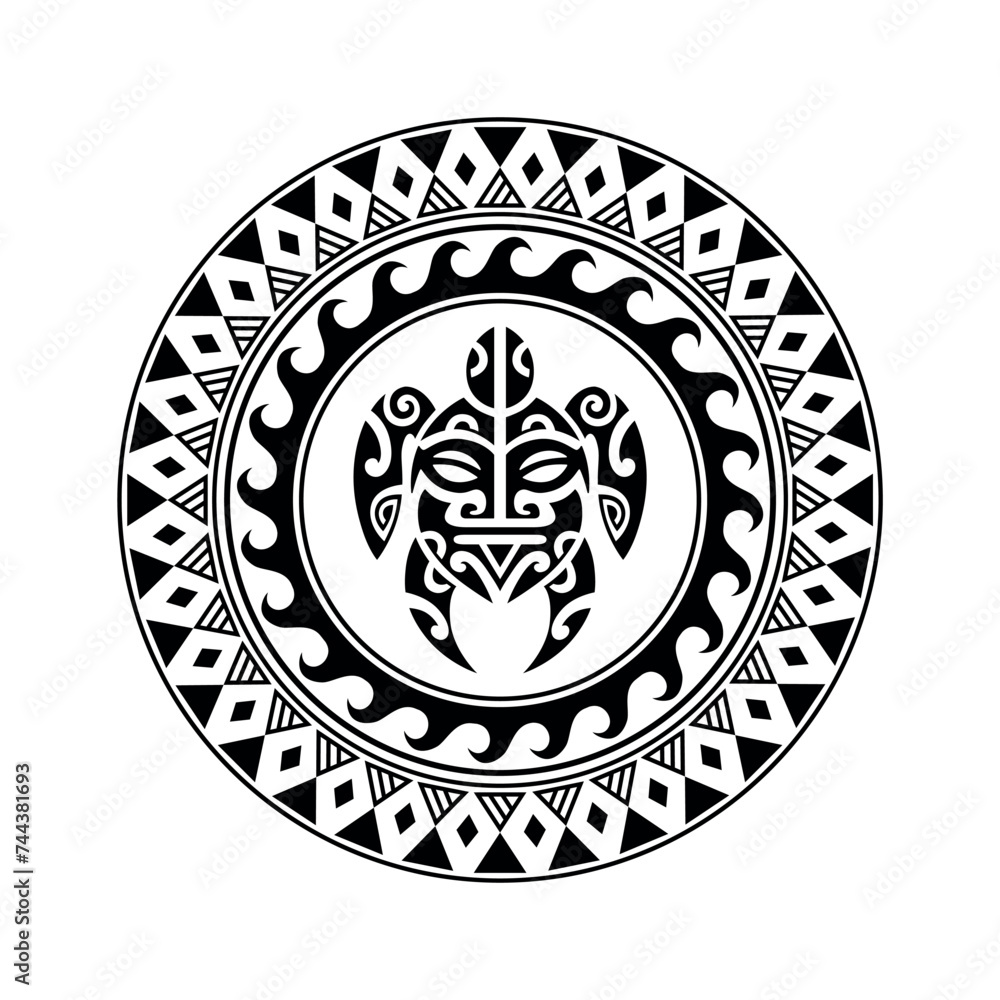 Round tattoo ornament with turtle maori style. African, aztecs or mayan ethnic style. Black and white.