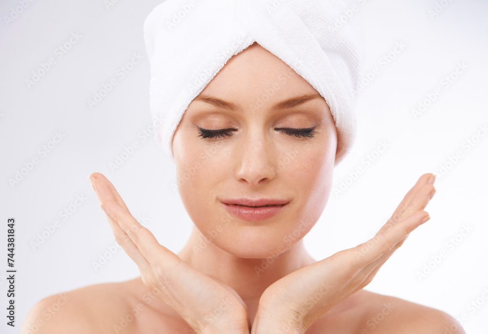 Calm, woman and portrait of skincare with beauty, clean and healthy dermatology in studio background. Girl, relax and model with glow or shine on skin from facial, cosmetics or benefits of detox Calm, woman and portrait of skincare with beauty, clean and healthy dermatology in studio background. Girl, relax and model with glow or shine on skin from facial, cosmetics or benefits of detox