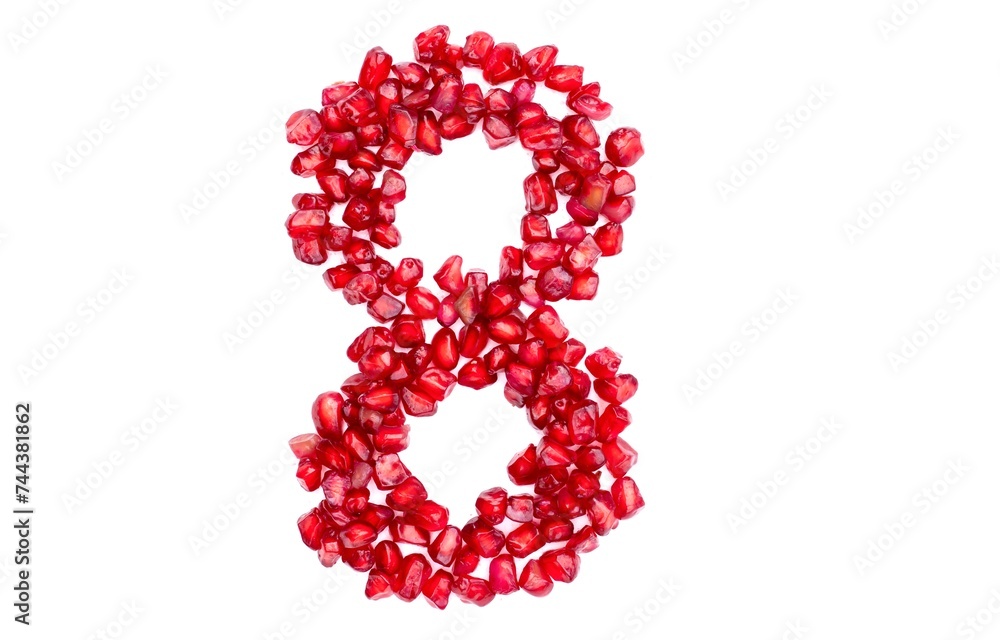 Eight or 8 Number Written with Pomegranate Seeds Isolated on White Background Eight or 8 Number Written with Pomegranate Seeds Isolated on White Background