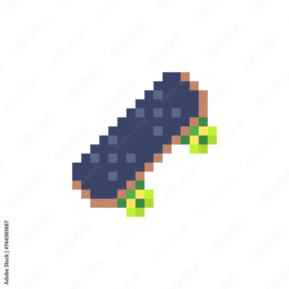 Fototapeta premium Skateboard emoji, pixel art style icon. Elements for web, sport activities, logo. Skiing equipment isolated on white background vector illustration. 