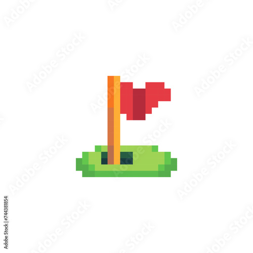 Flag in hole colorful icon pixel art flat style. Web design, mobile app. 8-bit sprite. Game assets. Isolated abstract vector illustration.