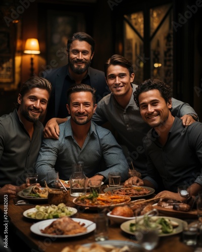 Group of young many handsome men in restaurant. friendship  holiday  bachelor party concept.