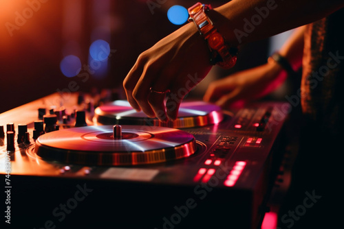 american dj working with sound  spinning turntable records at a night club party