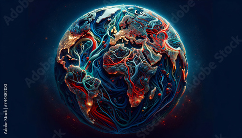 the continents and oceans of the world through a unique, artistic representation that mimics the intricate network of blood vessels