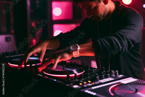 American DJ working with sound, spinning turntable records at a night club party