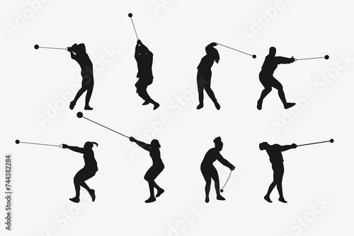 Vector set of silhouettes of hammer throw. sport, athletics. Isolated on white background.