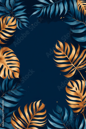 Watercolor nature leaf texture design with golden line arts on dark blue background.