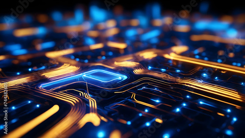 Fiber Optic Network Technology with Blue Macro Background and Electronic Circuit Board in Water, representing Data Communication and Connectivity in the Digital Industry