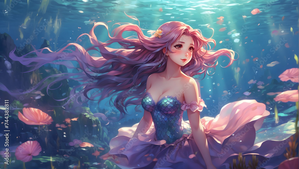 Mermaid Beauty Swimming Among Jellyfish in Underwater Fantasy
