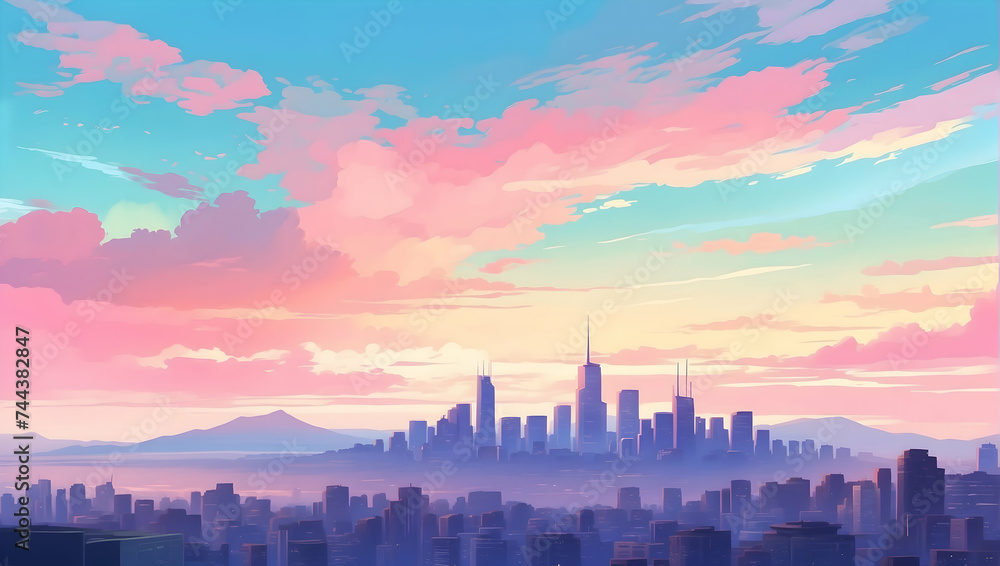 City Skyline Sunset and Sunrise Illustration