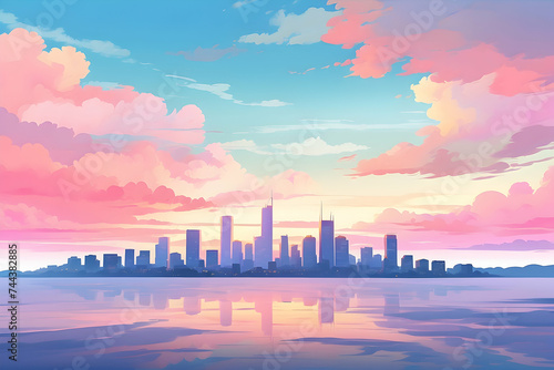 City Skyline Sunset and Sunrise Illustration
