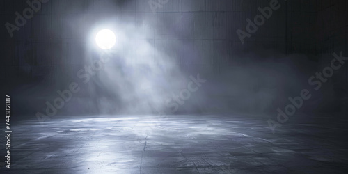 a dark scene with a full moon light shining, A dark room with a concrete floor and a spotlight. Suitable for dramatic or mysterious themed designs, theater and event promotion, and creative storytell