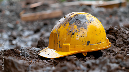 Close-Up Construction Helmet or Hardhat Placed on the Ground at a Worksite, Safety Gear for Construction Workers - Generative AI