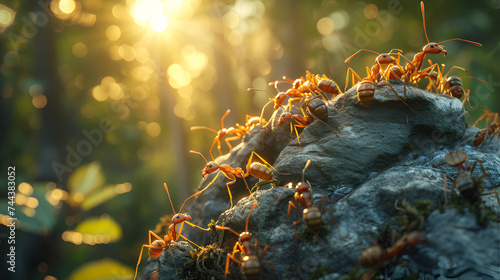 Close-Up Group of Ants Standing on Top of a Rock, Insect Macro Photography of Ant Colony - Generative AI   © Dzynee