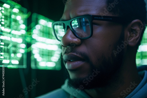 an afro-caribbean man watching a computer screen of numbers which are reflected in his glasses