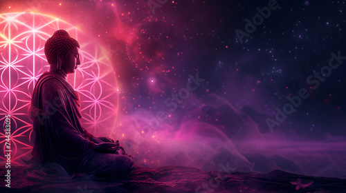 Cosmic Buddha Meditating on the Flower of Life - Lotus, Spiritual Enlightenment and Harmony with Universe - Generative AI