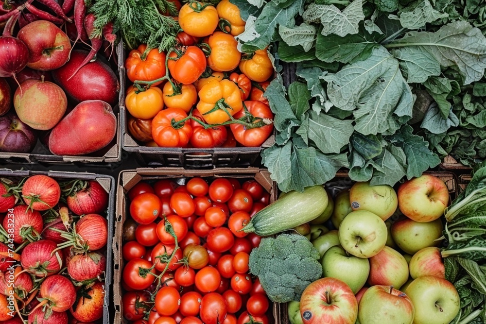 Colorida selección de frutas y verduras frescas y orgánicas dispuestas en cajas, listas para la venta Colorida selección de frutas y verduras frescas y orgánicas dispuestas en cajas, listas para la venta
