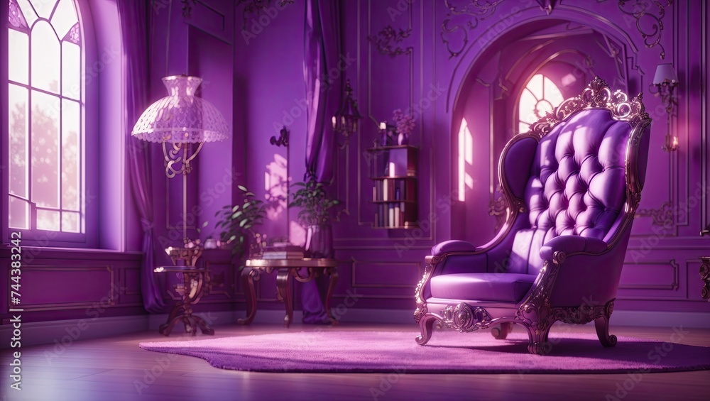 a purple room with a chair and a mirror