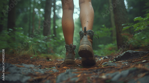 Close-Up of Female Hiker Feet Walking Outdoors in the Wilderness, Trekking in Nature - Generative AI   © Dzynee