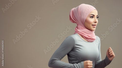 The photo of a stylish woman in a tracksuit and turban symbolizes diversity and promotes a Middle Eastern healthy lifestyle through running. photo