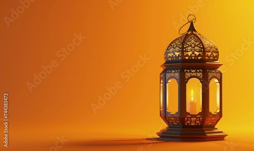 dark ramadan kareem traditional islamic festival religious background, ramadan social media banner or instagram post background with big lantern on orange background and copy space