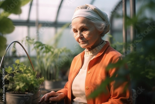 an elderly gray-haired woman works in her greenhouse, taking care of plants. a retired hobby photo