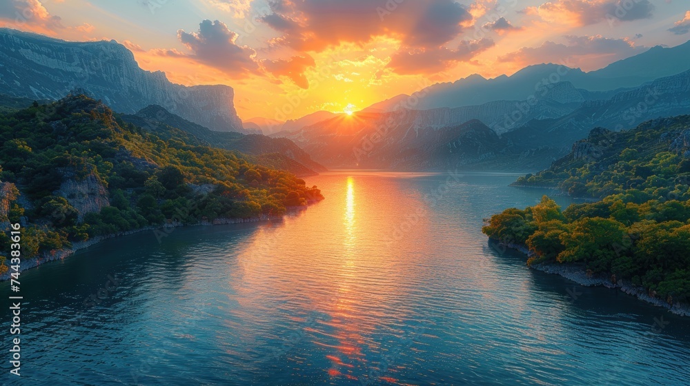 Sunset over the lake. Amazing panorama landscape, Panoramic view of sunrise over the lake in nation park - obrazy, fototapety, plakaty 