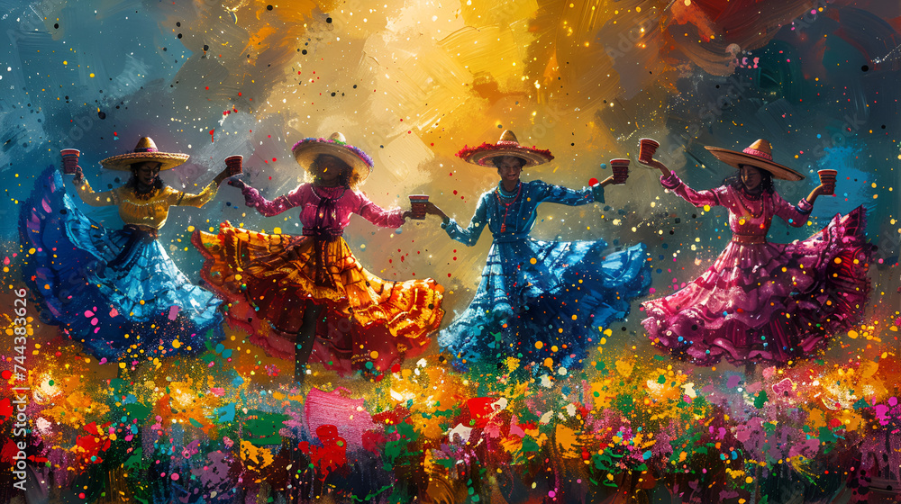 festivals celebrated in Portugal, folklore group posing, Women dancing and wearing traditional folk costumes, ai AI-generated - obrazy, fototapety, plakaty 