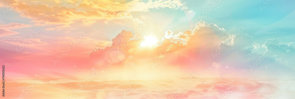 landscape  rainbow  pastel colored sky with sun and clouds , sunset sky, banner panorama design