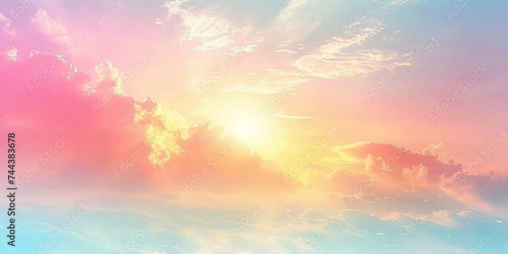 Obraz premium landscape rainbow pastel colored sky with sun and clouds , sunset sky, banner panorama design